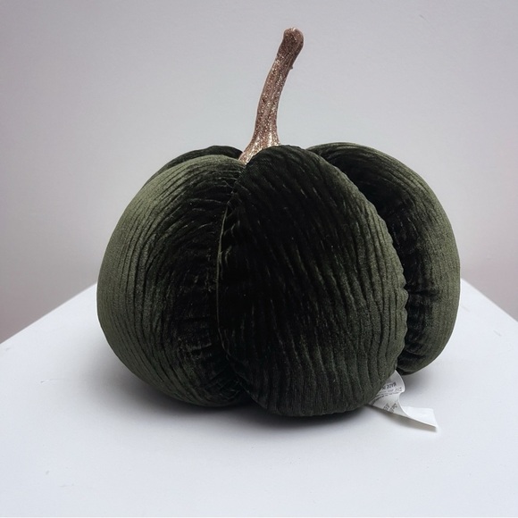 Emerald Green Ribbed Velvet Gold Sparkly Stem Pumpkin Plush Fall Home Decor - Picture 4 of 11